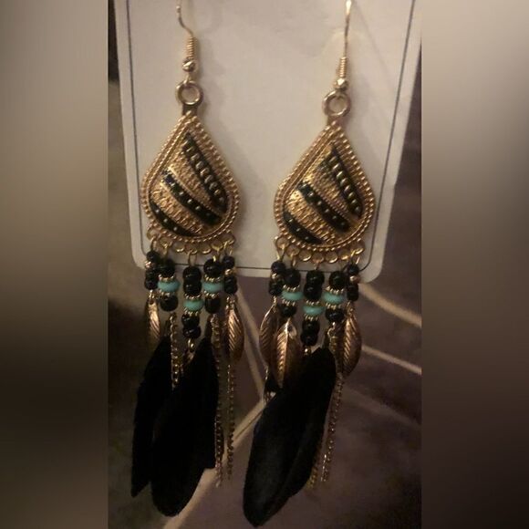 Black gold and teal bohemian feather drop earrings w dangle rope fringe tassel - Picture 5 of 7